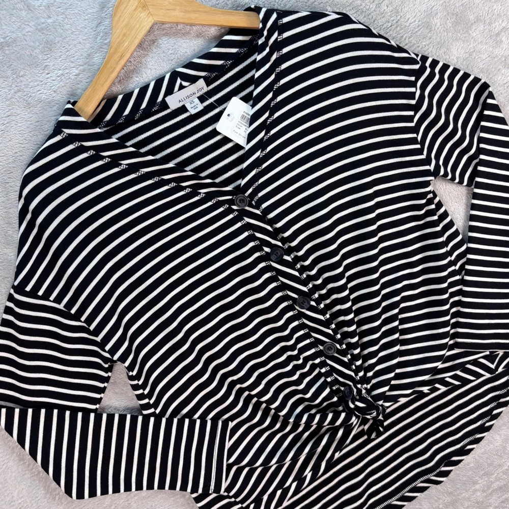 Allison Joy Women's Black Striped‎ Tie Front Blouse Long Sleeve Sz Sz XS NWT